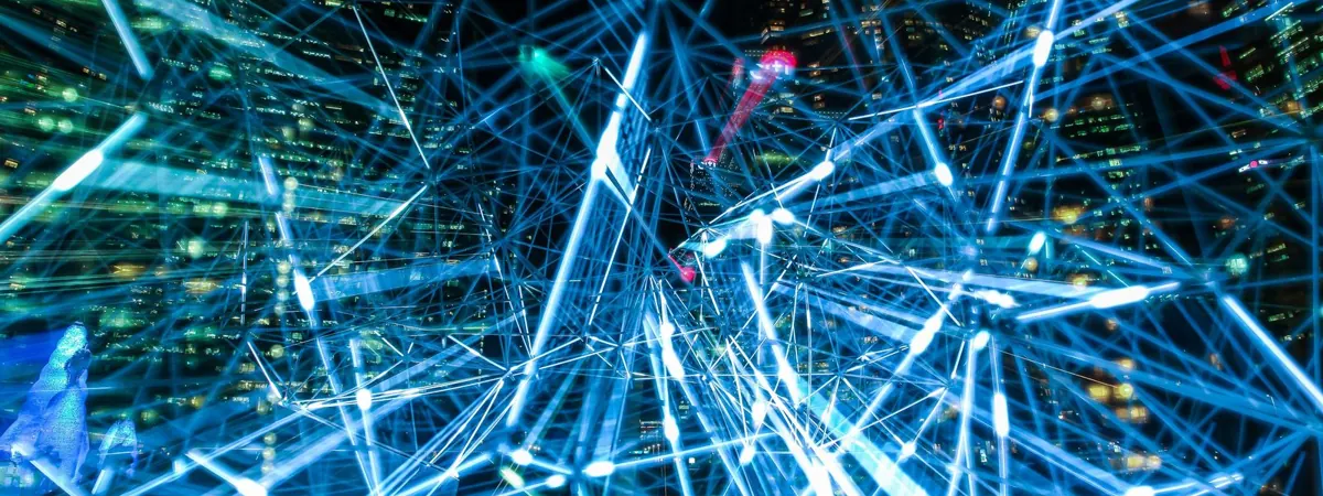 Glowing blue and purple network lights, an abstract blockchain
